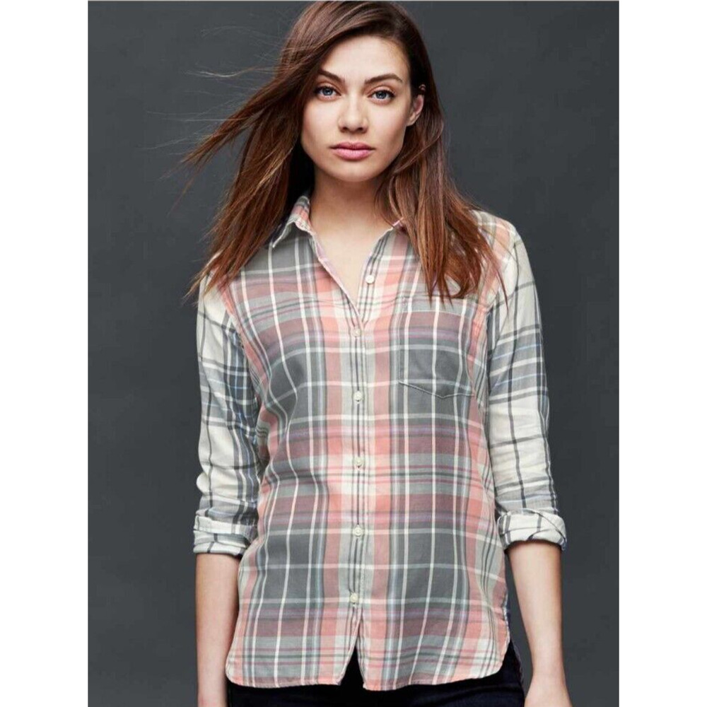 GAP Pink & Gray Boyfriend Flannel Button Up Size XS